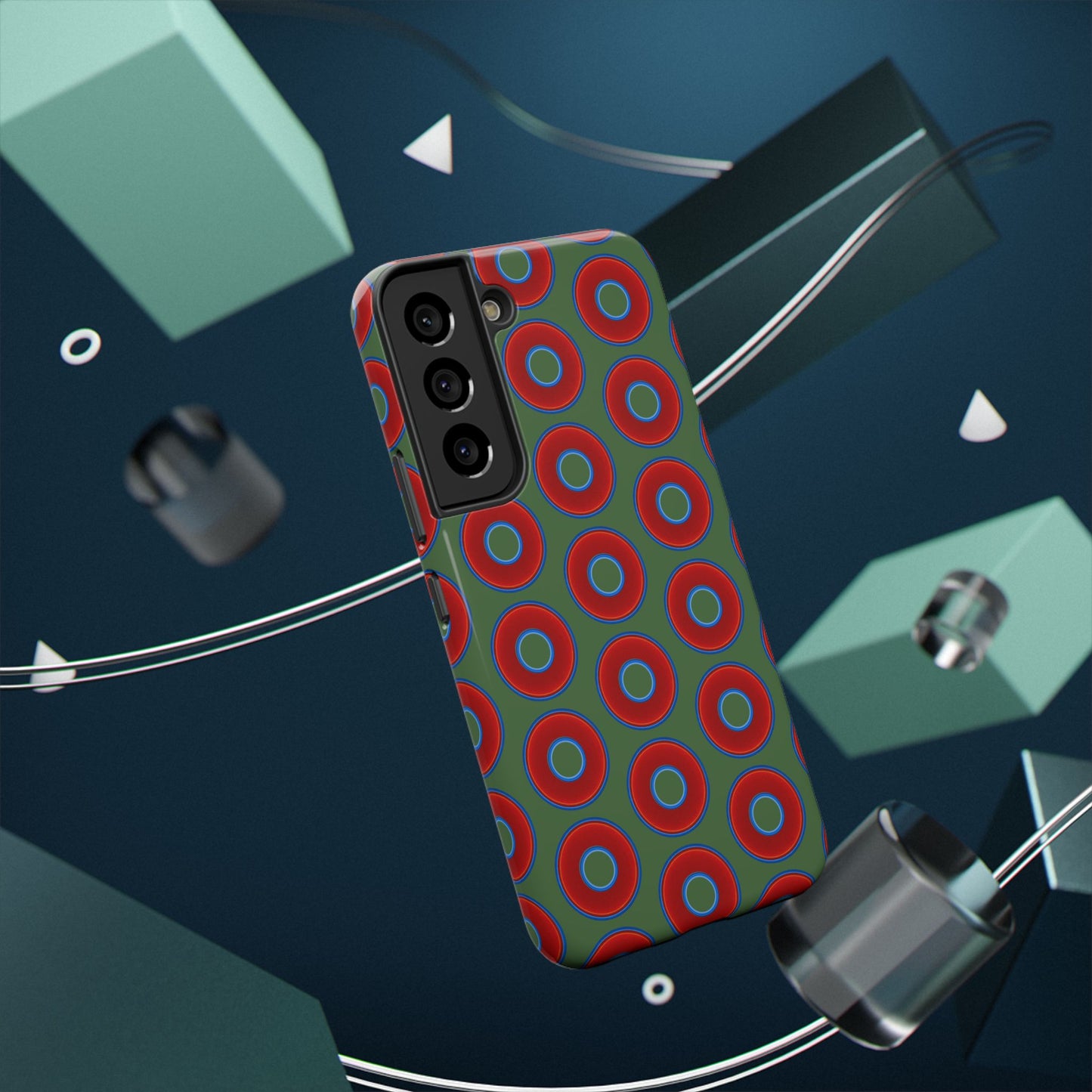 Impact-Resistant Lumpy Donut Case - red vivid donut print w/dark green background