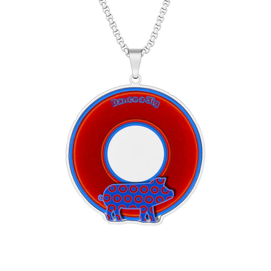 Lump's Heady Donut Necklace - 1" x 1" Stainless Steel Pendant - "Guyute's Tasty Pork Donut" - vivid red/blue donut - variant 2 - getting jiggy with it