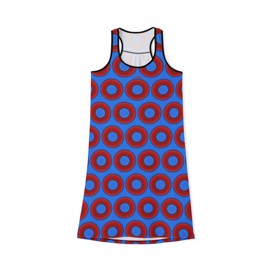 Tela's Lumpy Racerback Donut Dress - red vivid donut print w/light royal blue background