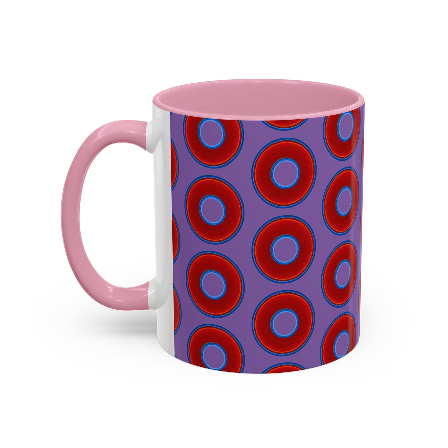 Lump's Grumpy Coffee Mug - vivid red donuts w/light purple background