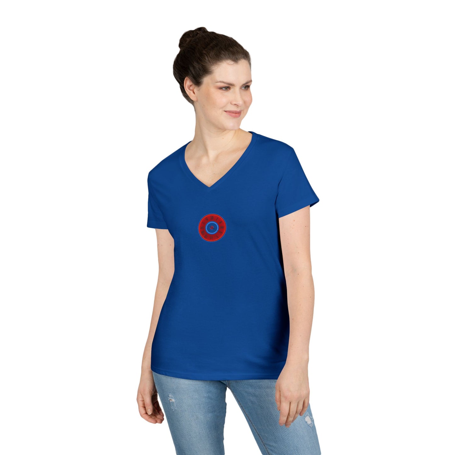 Women's Donut V-Neck Tee - "Time Treasurer's Donut Tee" - vivid red donut w/clock face