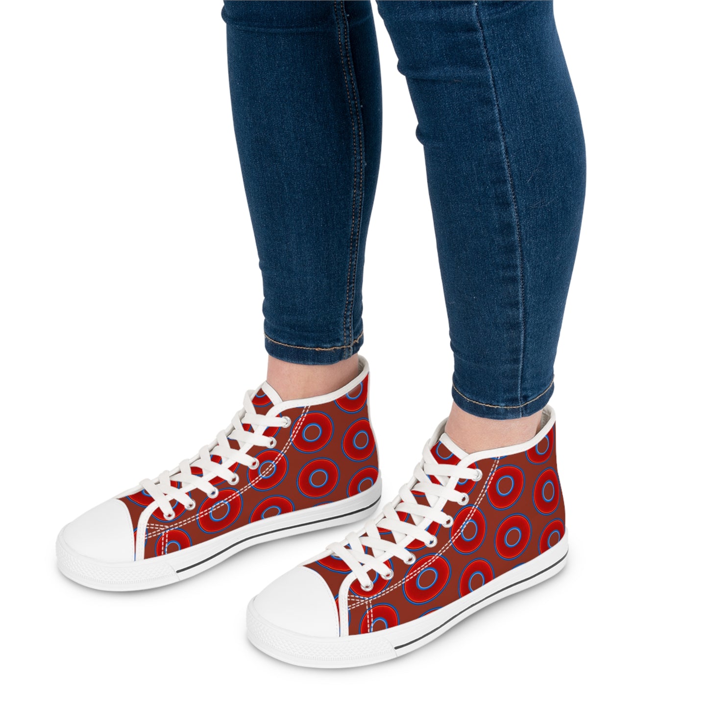 Women's High Top Chuck Taylors - large vivid red donut print w/burnt umber background