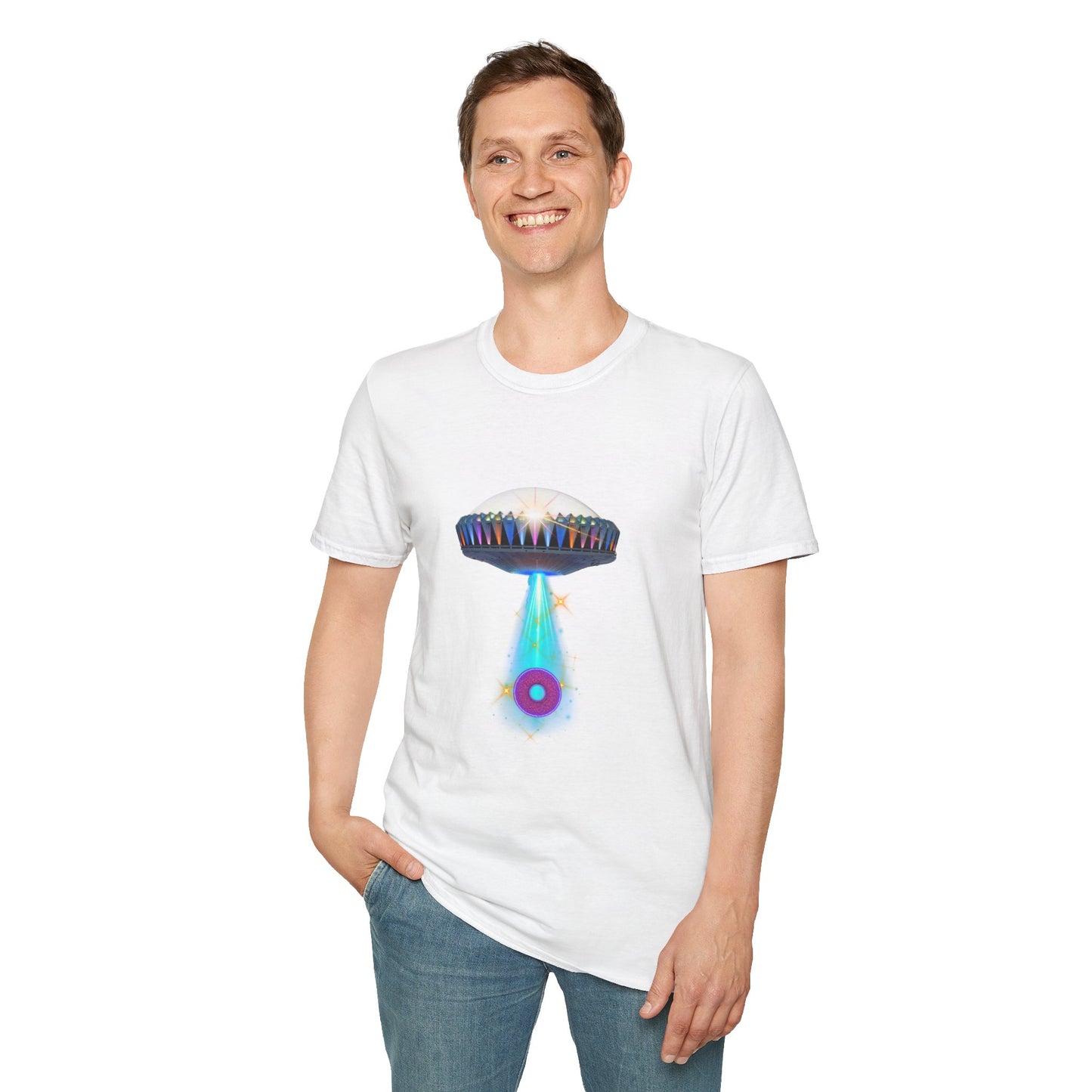 Classic Donut Tee - Unisex Soft-Style - "Donuts now Served on the Mothership" - series 1.0  - variant 6  - tractor-beamed donut