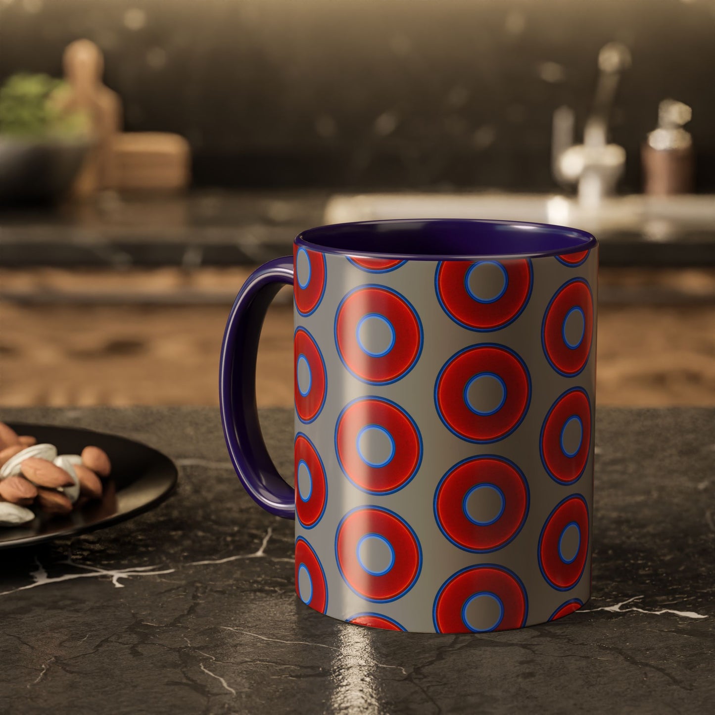 Lump's Grumpy Coffee Mug - vivid red donuts w/gray background