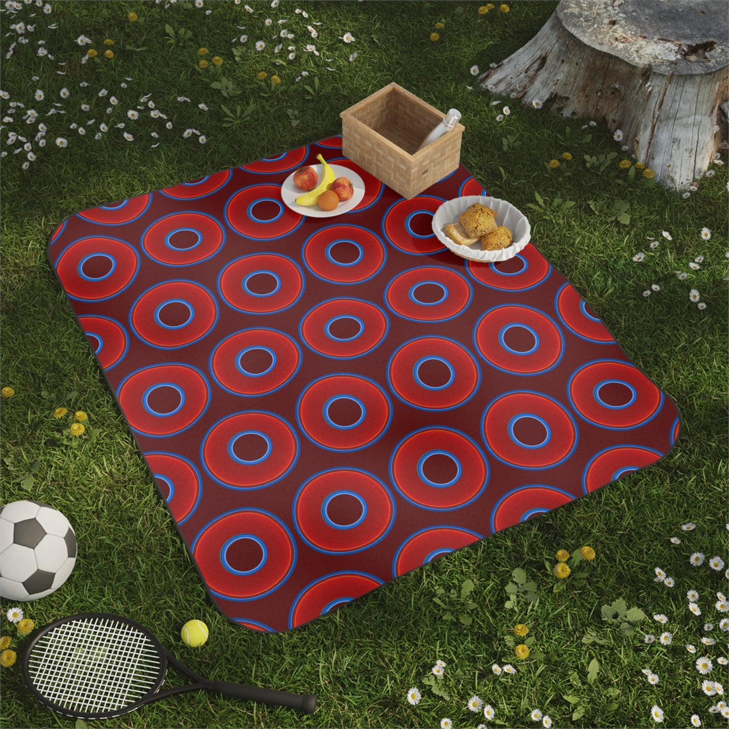 The Lumpy Party Blanket - giant water-resistant outdoor blanket [61" x 51"] - vivid red donuts w/dark red background