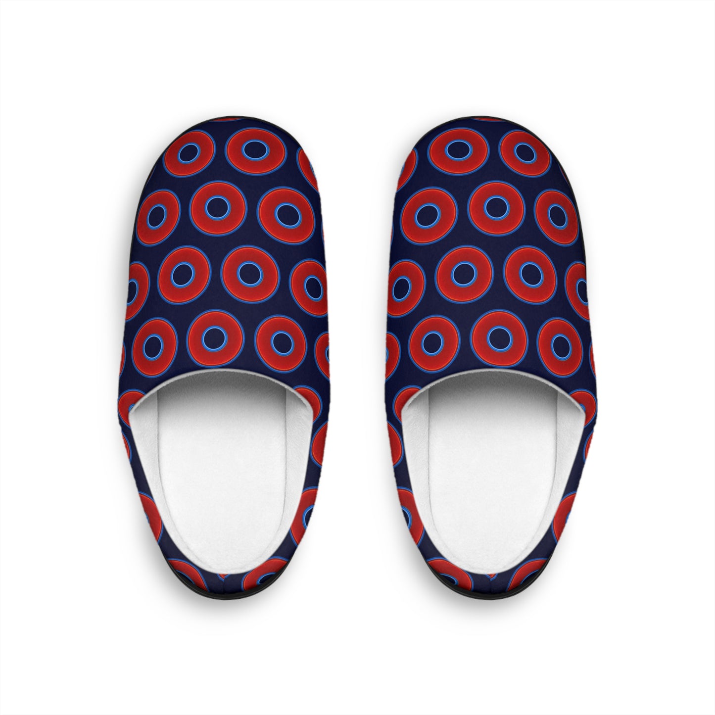 Women's Lumpy Slippers - red vivid donut print w/dark navy blue background