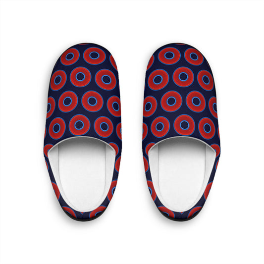 Women's Lumpy Slippers - red vivid donut print w/dark navy blue background