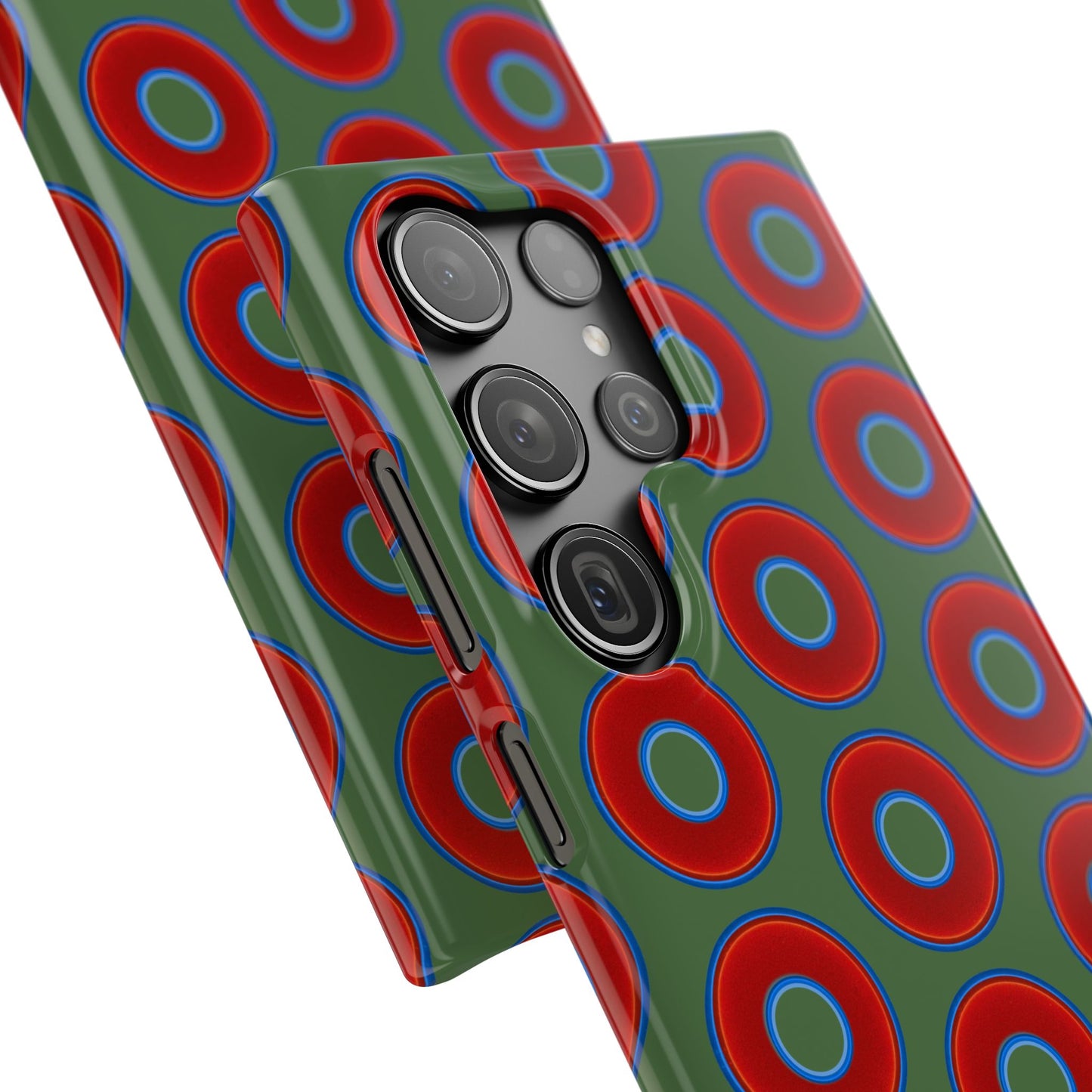 Lumpy Donut Snap Case - red vivid donut print w/dark green background