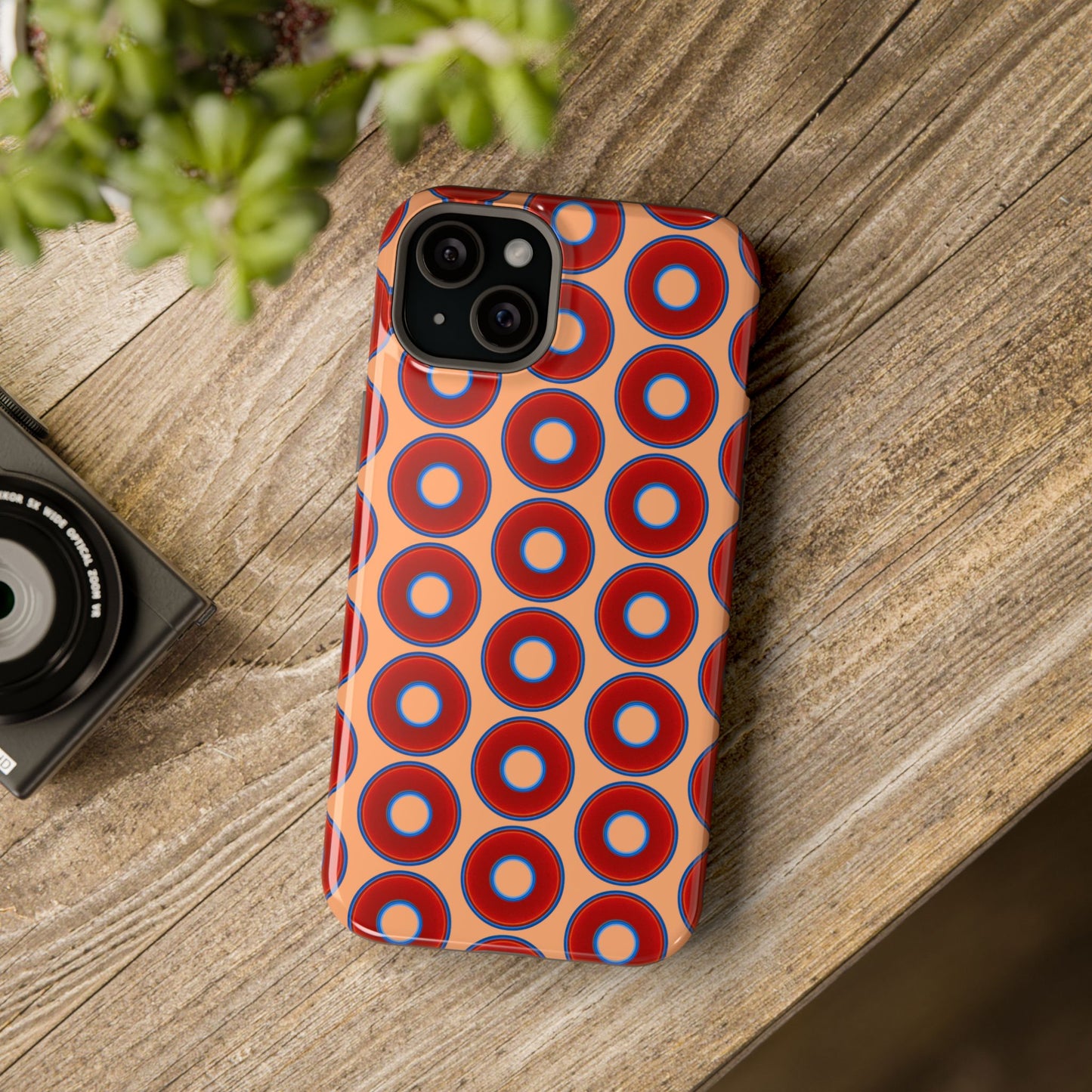 Magnetic Tough Donut Case - red vivid donut print w/peach background