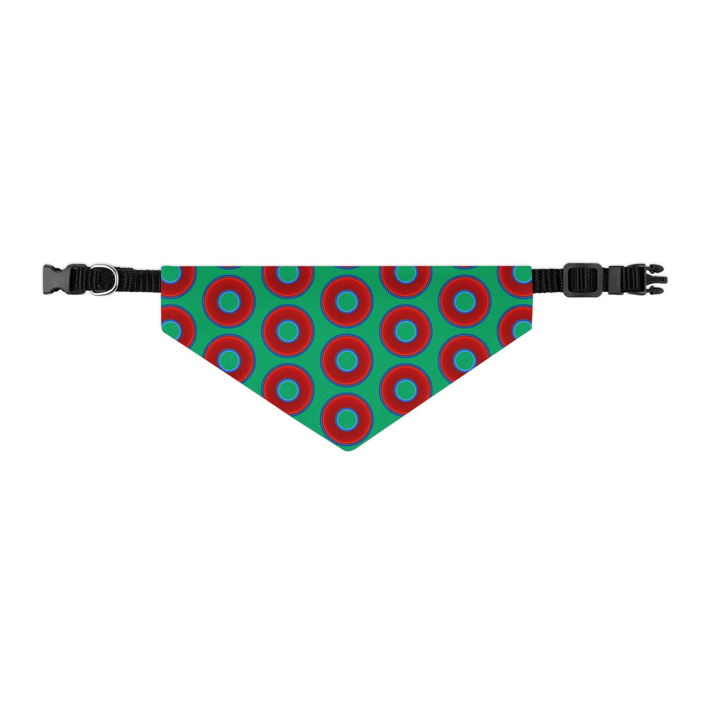 Jim's Lumpy Bandana Pet Collar - vivid red donuts w/jade green background