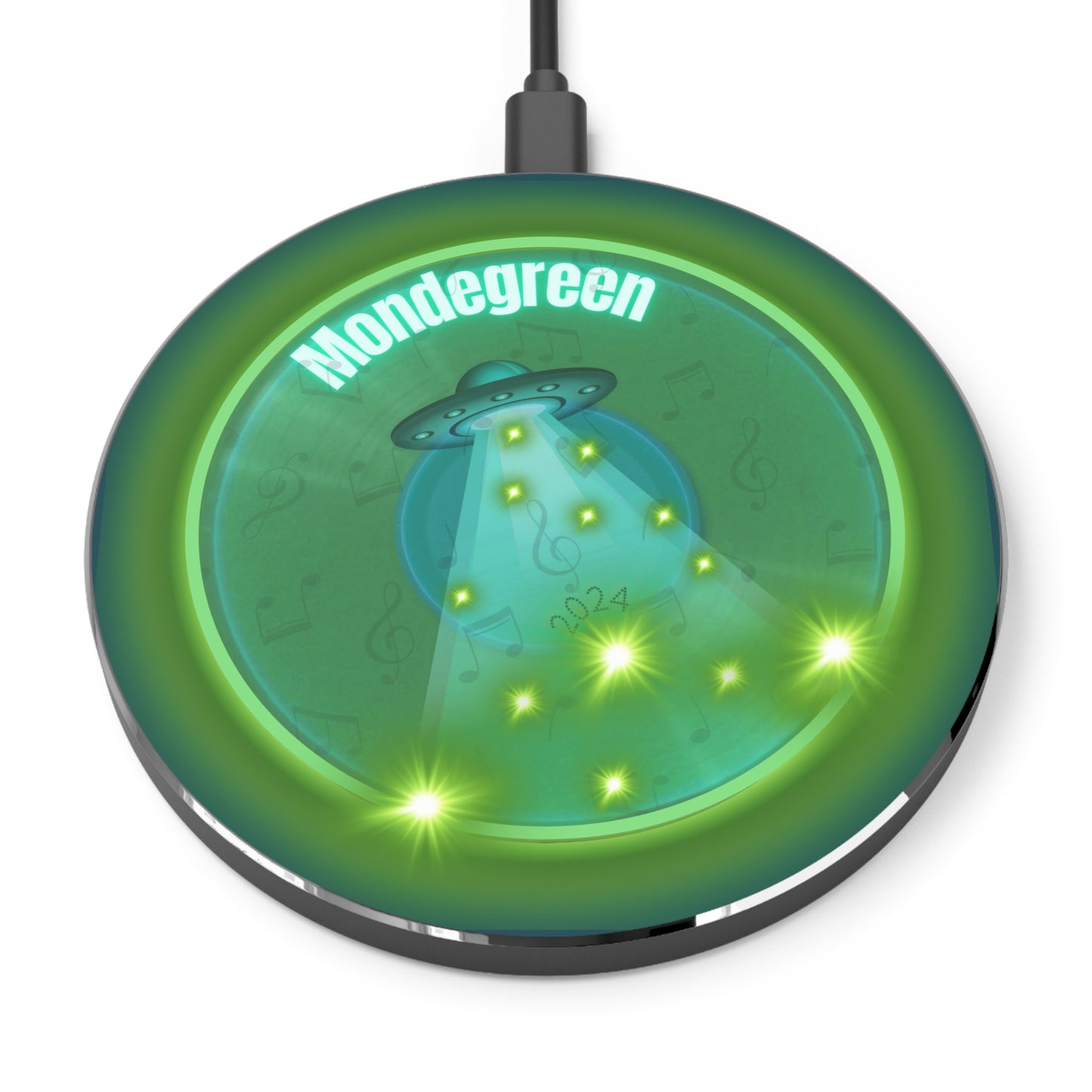 The Flow - Wireless Lumpy Donut Chargers - "Close Encounters of the Delaware Kind" - vivid green record donut w/midnight green background - variant 1