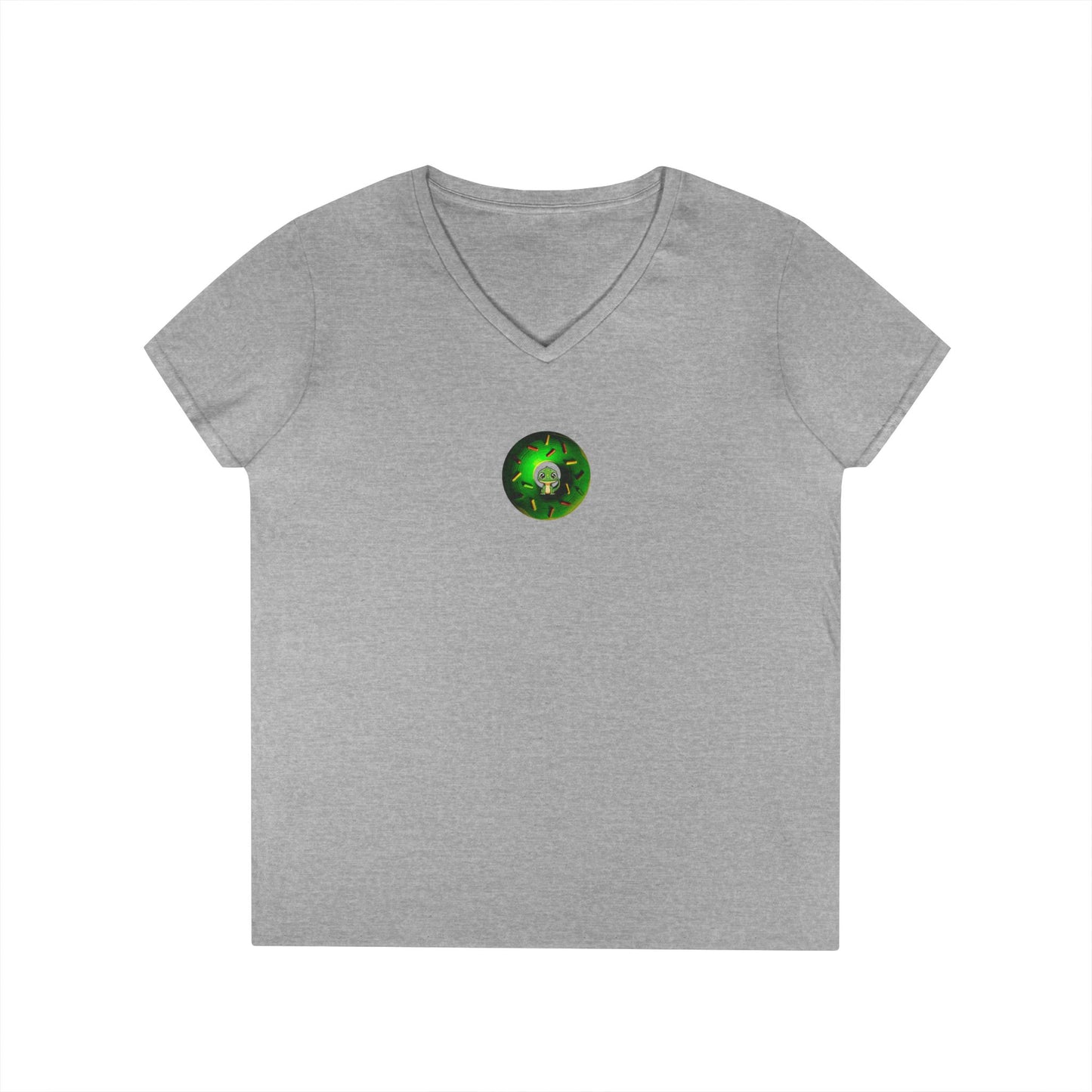 Women's Donut V-Neck Tee - "Little Baby Rutherford" - green cartoon donut w/sprinkles