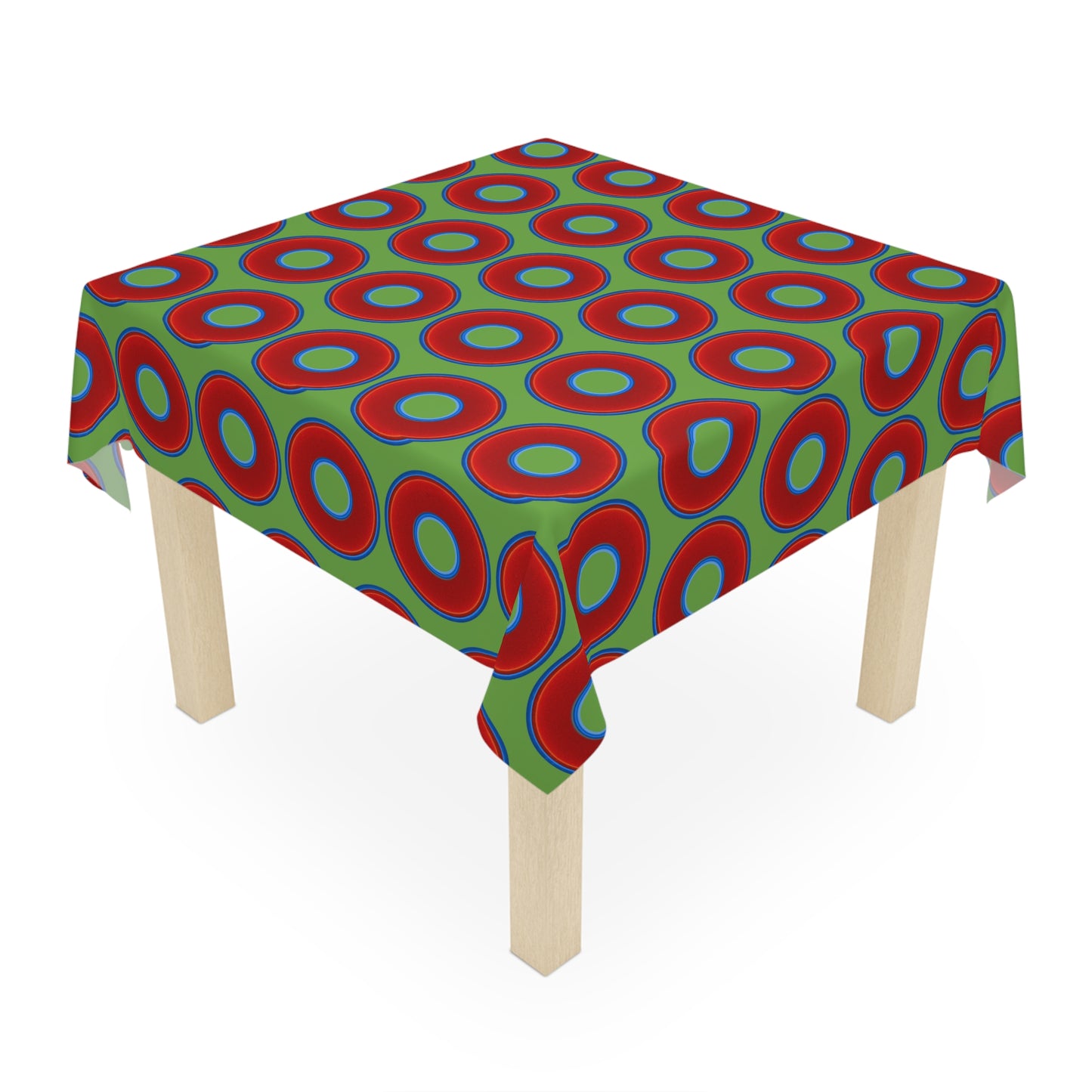 Lumpy Tablecloth - 55.1" x 55.1" - vivid red donuts w/light green background
