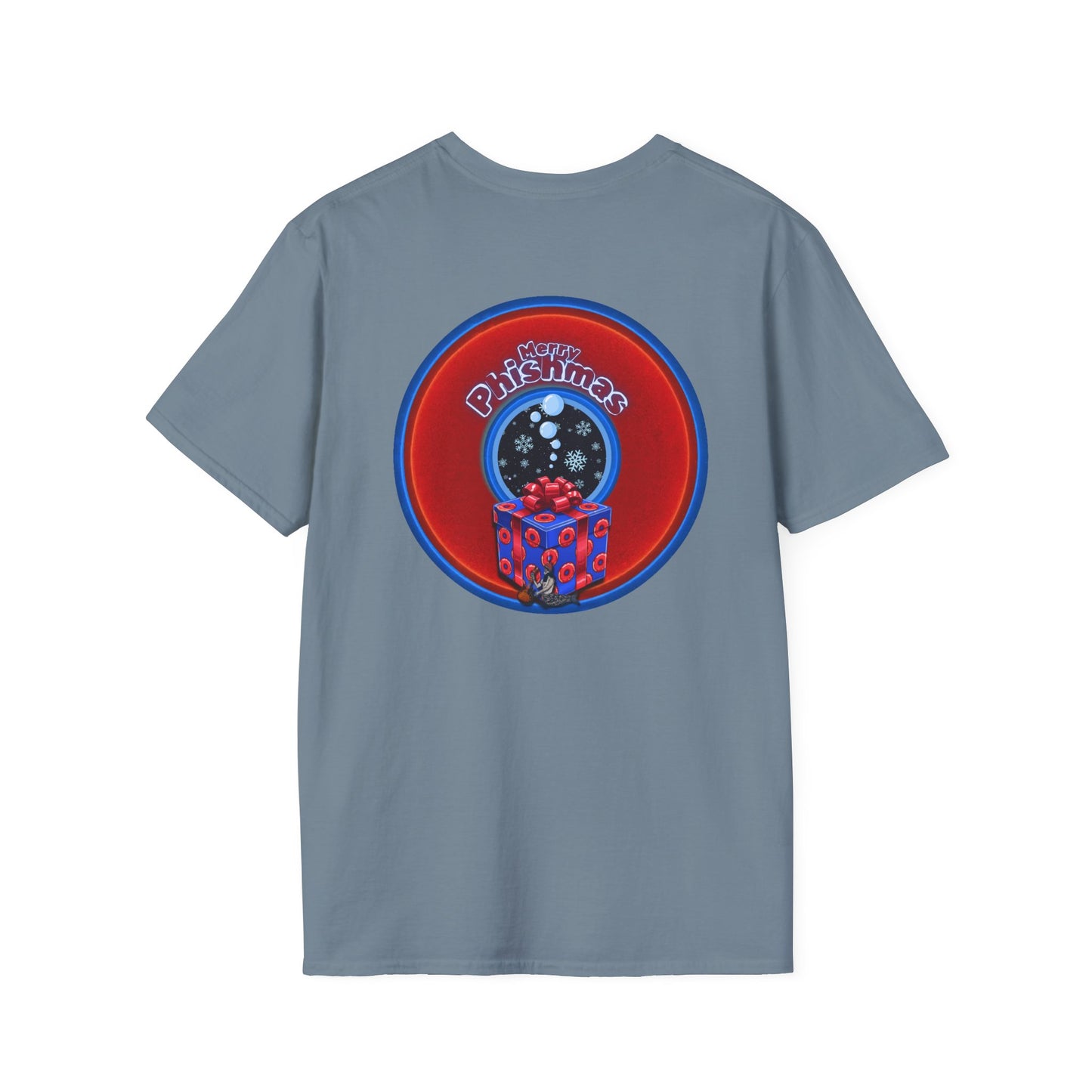 Classic Donut Tee - Unisex Soft-Style - "Phishmas Caroler's Tee " - vivid red/blue donut - variant 4