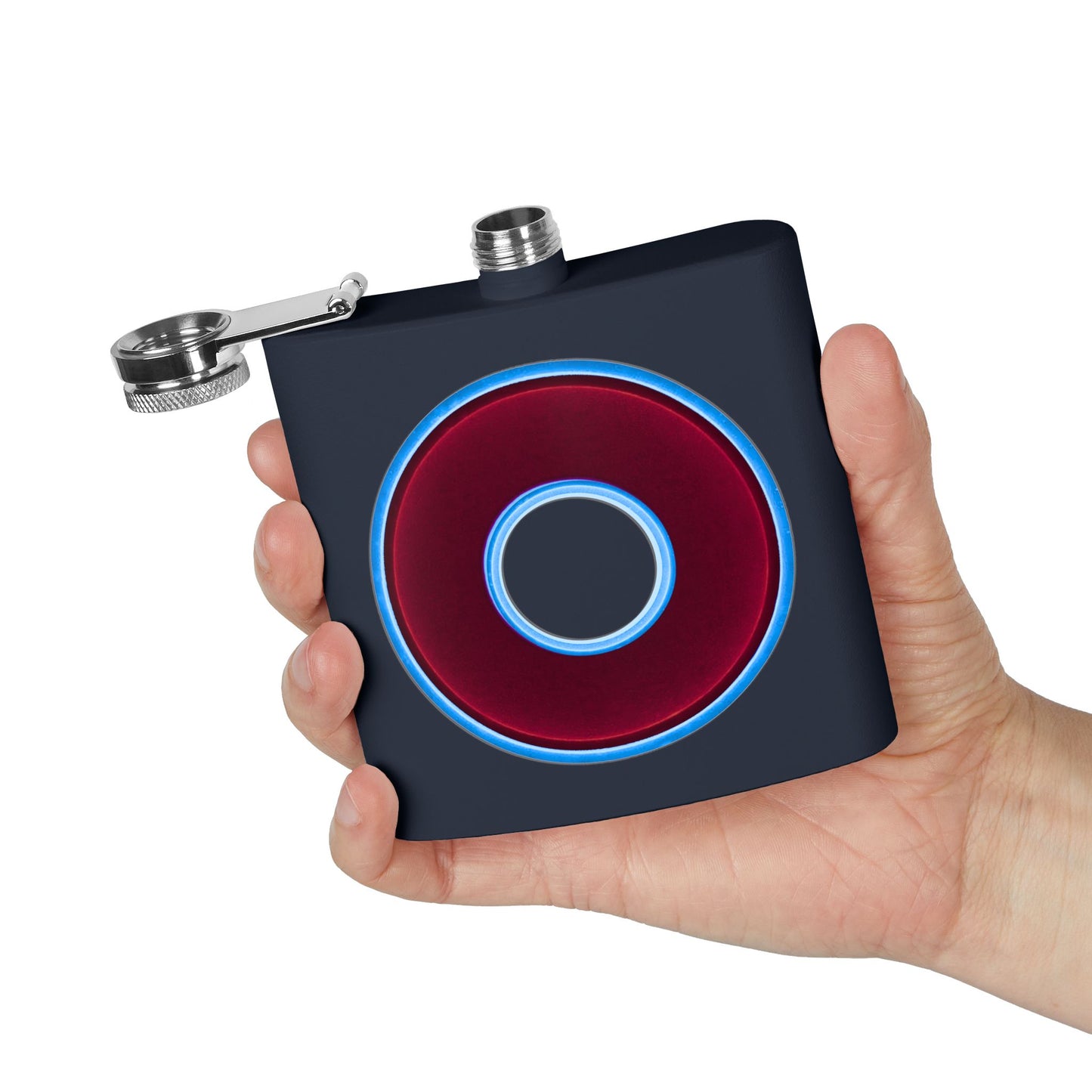 Lump's Donut Flask 6 oz - Vivid burgundy/light blue donut - [*w/your choice of 5 backgrounds]