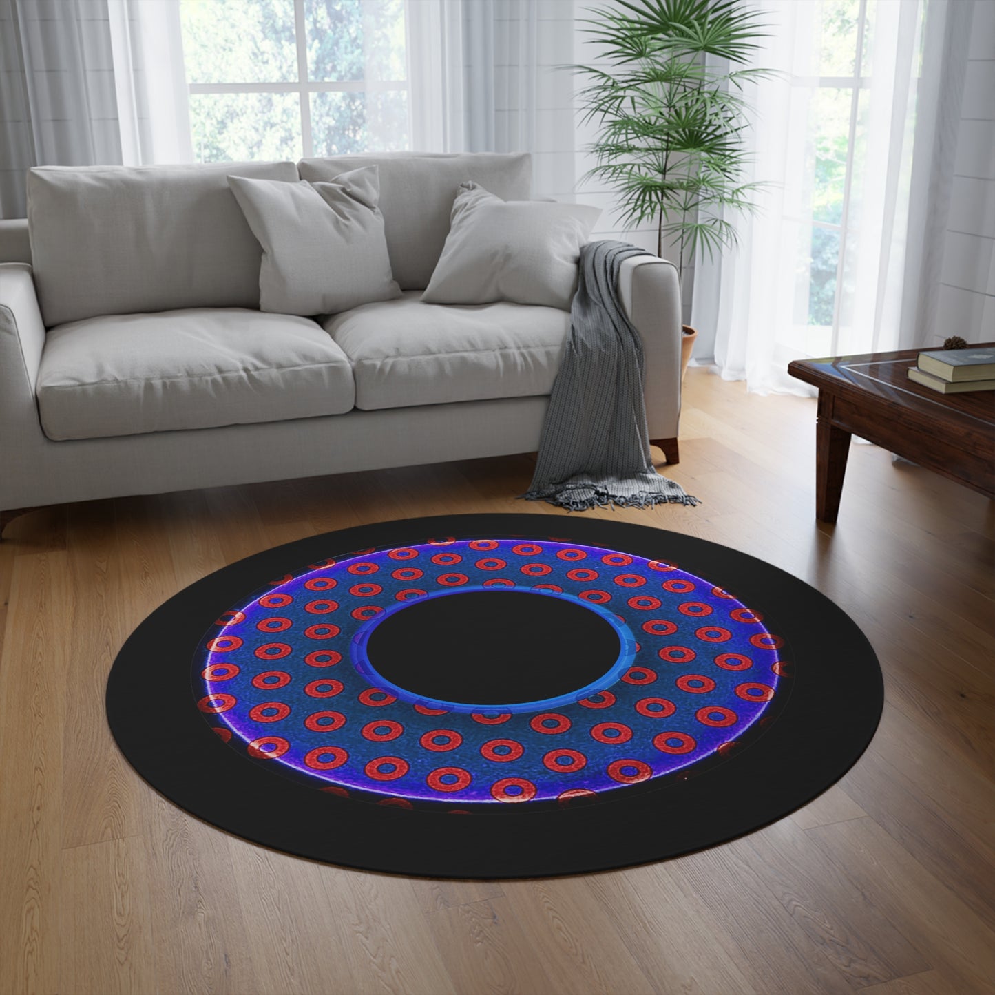 Round Room - 5 ft x 5 ft Lumpy Donut Rug - "Bling Paradox" - weathered paradoxical red/blue donut w/hole & black background