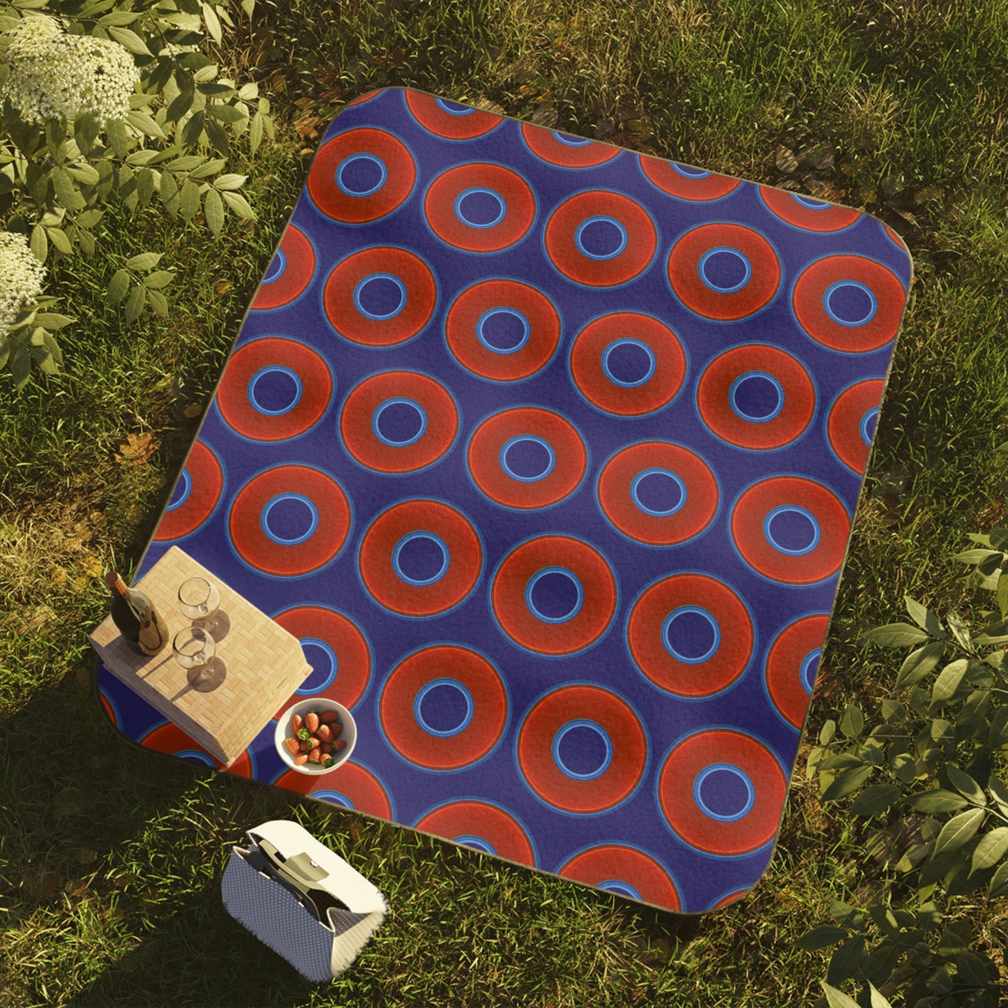 The Lumpy Party Blanket - giant water-resistant outdoor blanket [61" x 51"] - vivid red donuts w/vivid navy blue background