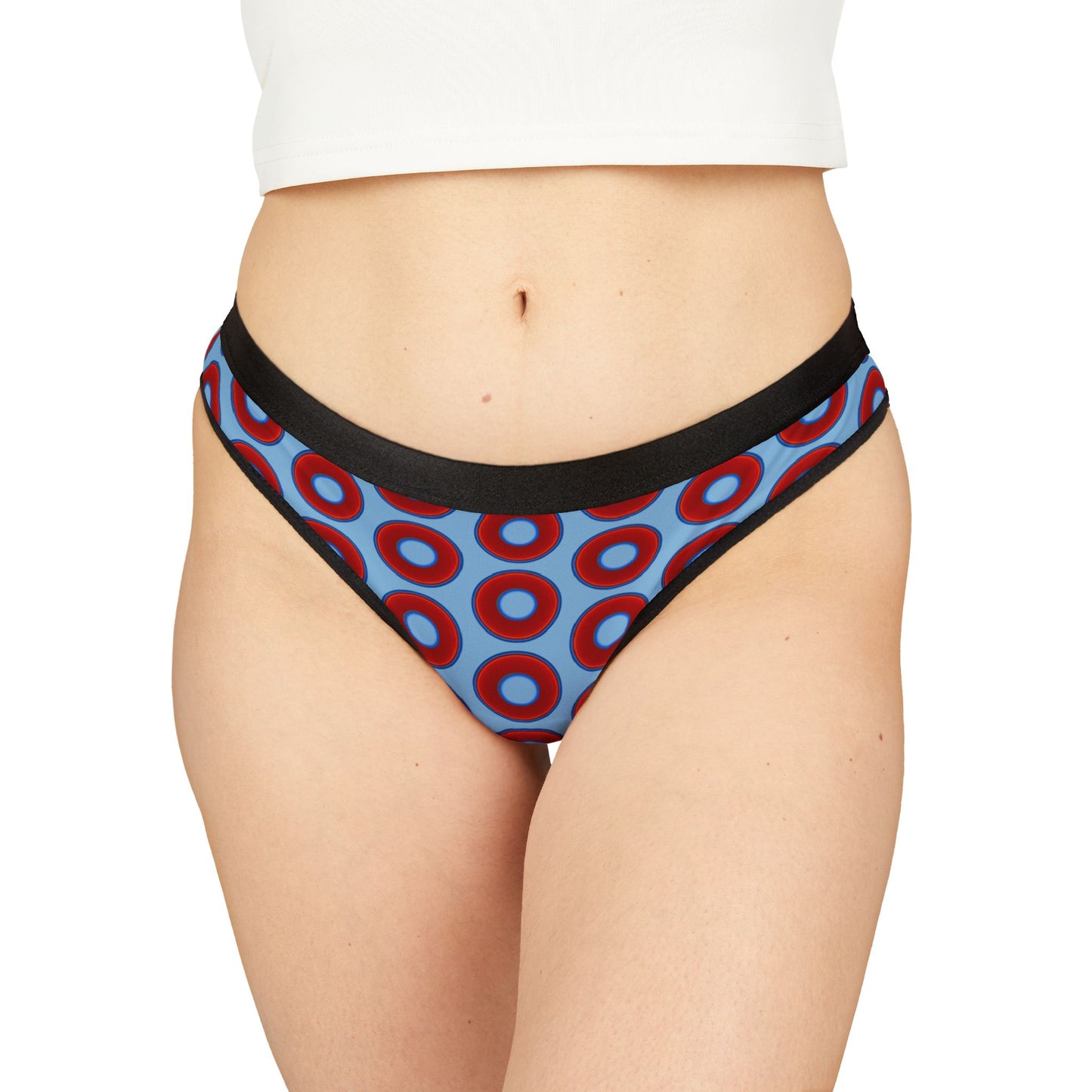 Lumpy Donut Thongs - red vivid donut print w/sky blue background