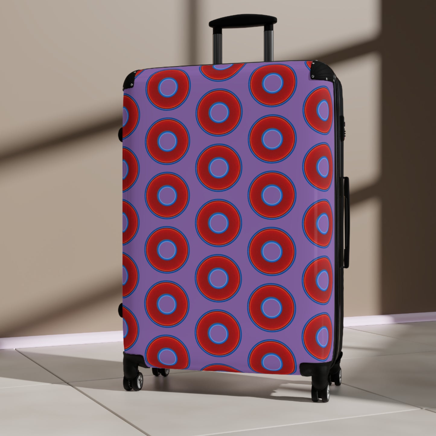 The Very Lumpy Donut Suitcase series - your choice of S, M or L - vivid red donut print w/light purple background