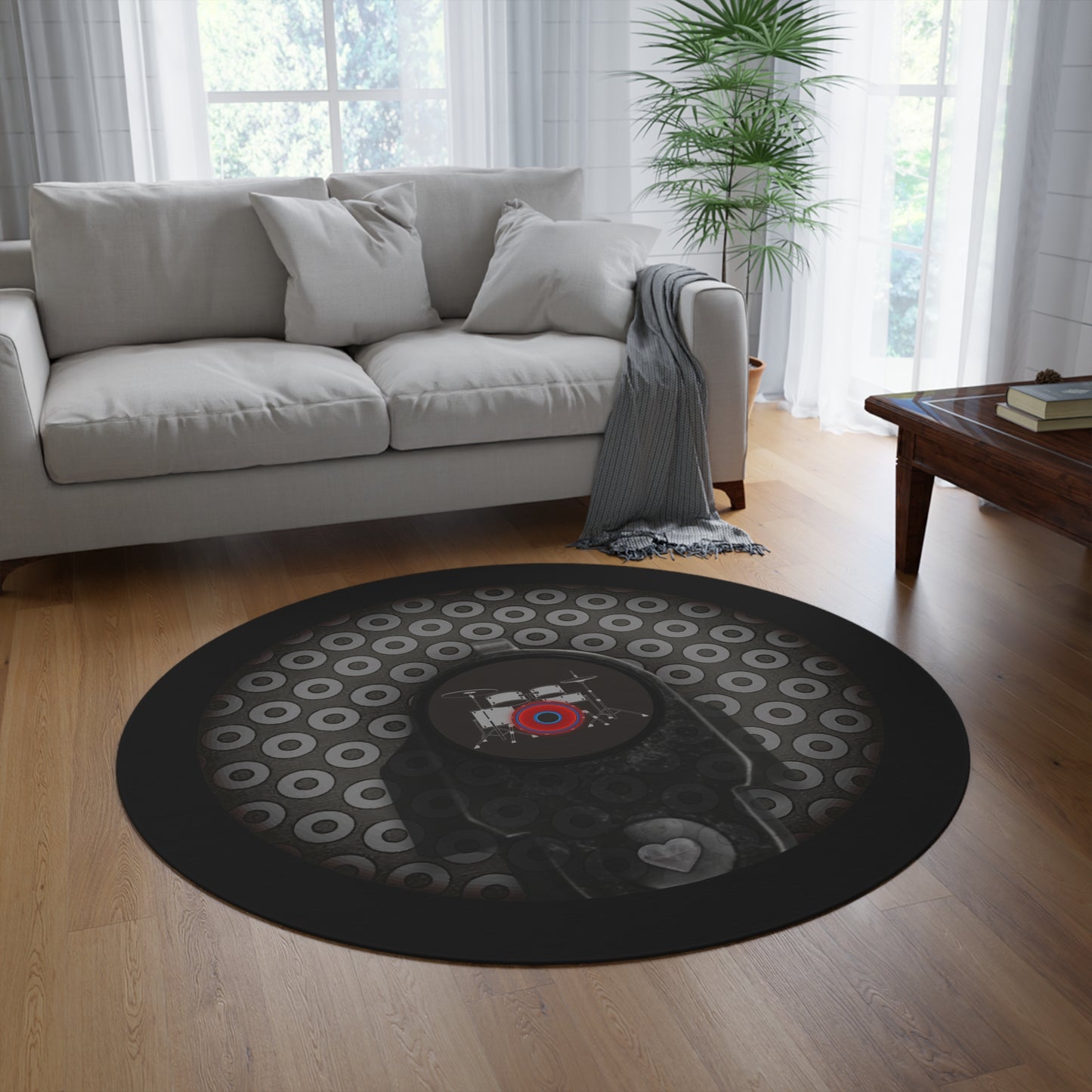 Round Room - 5 ft x 5 ft Lumpy Donut Rug - "Lifesaving Donut Rug" - paradoxical light gray blue/dark gray donut w/black background