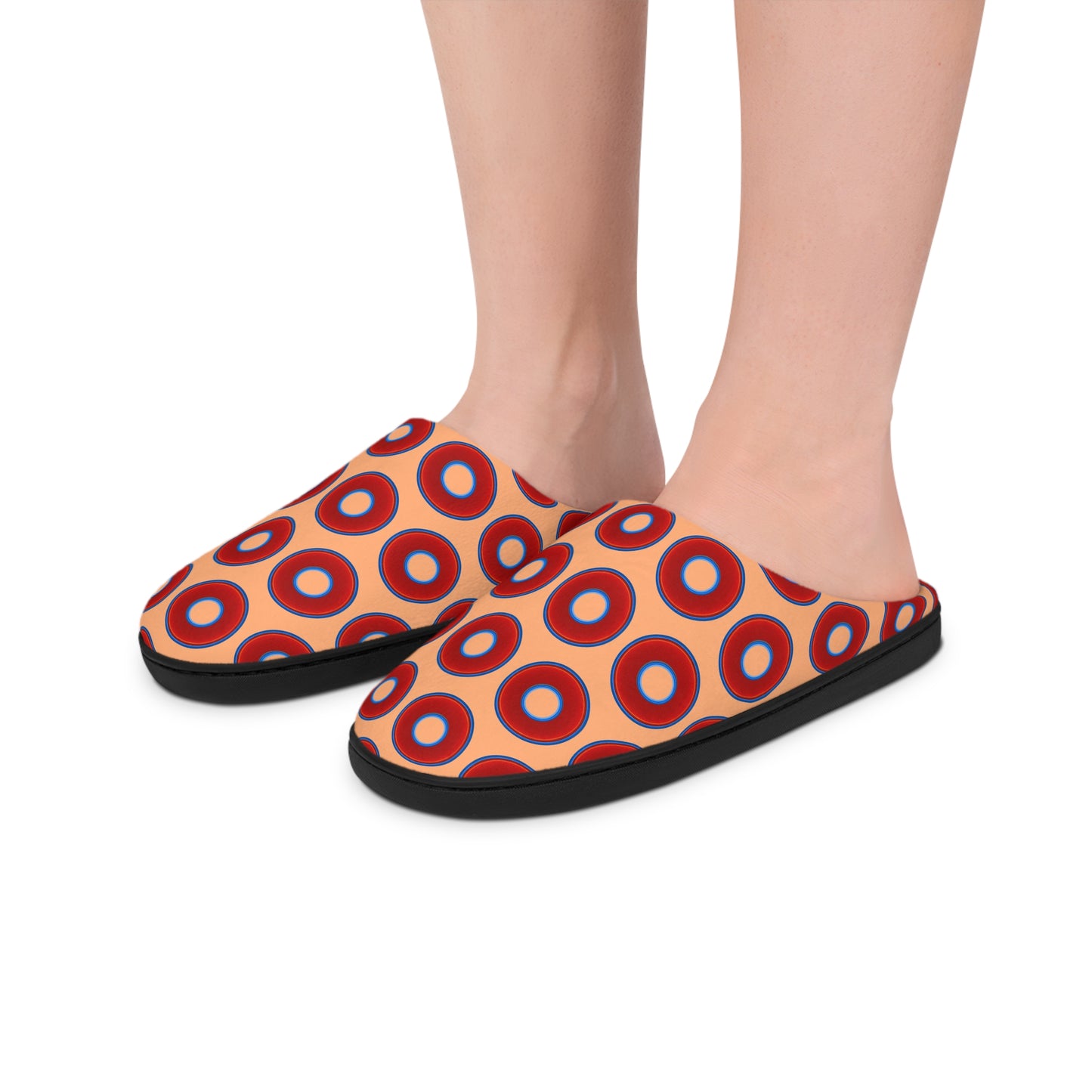 Women's Lumpy Slippers - red vivid donut print w/peach background