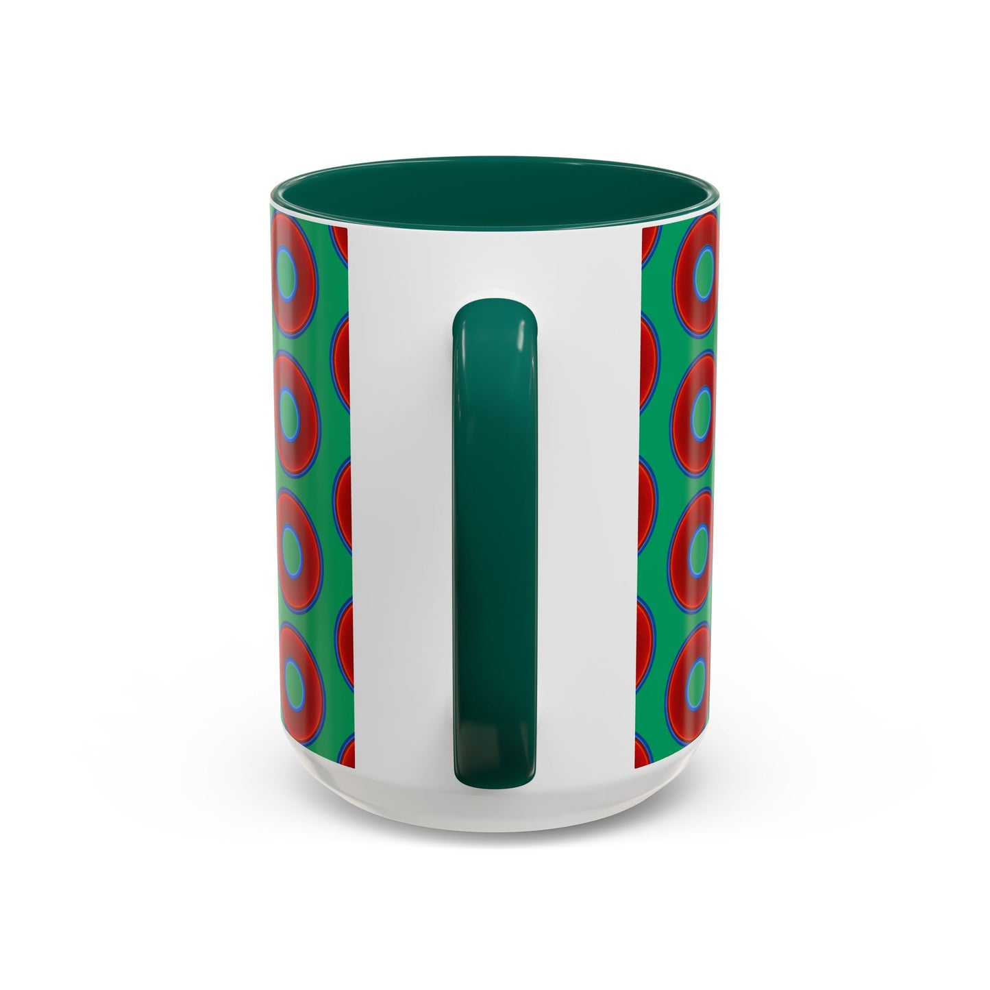 Lump's Grumpy Coffee Mug - vivid red donuts w/jade green background