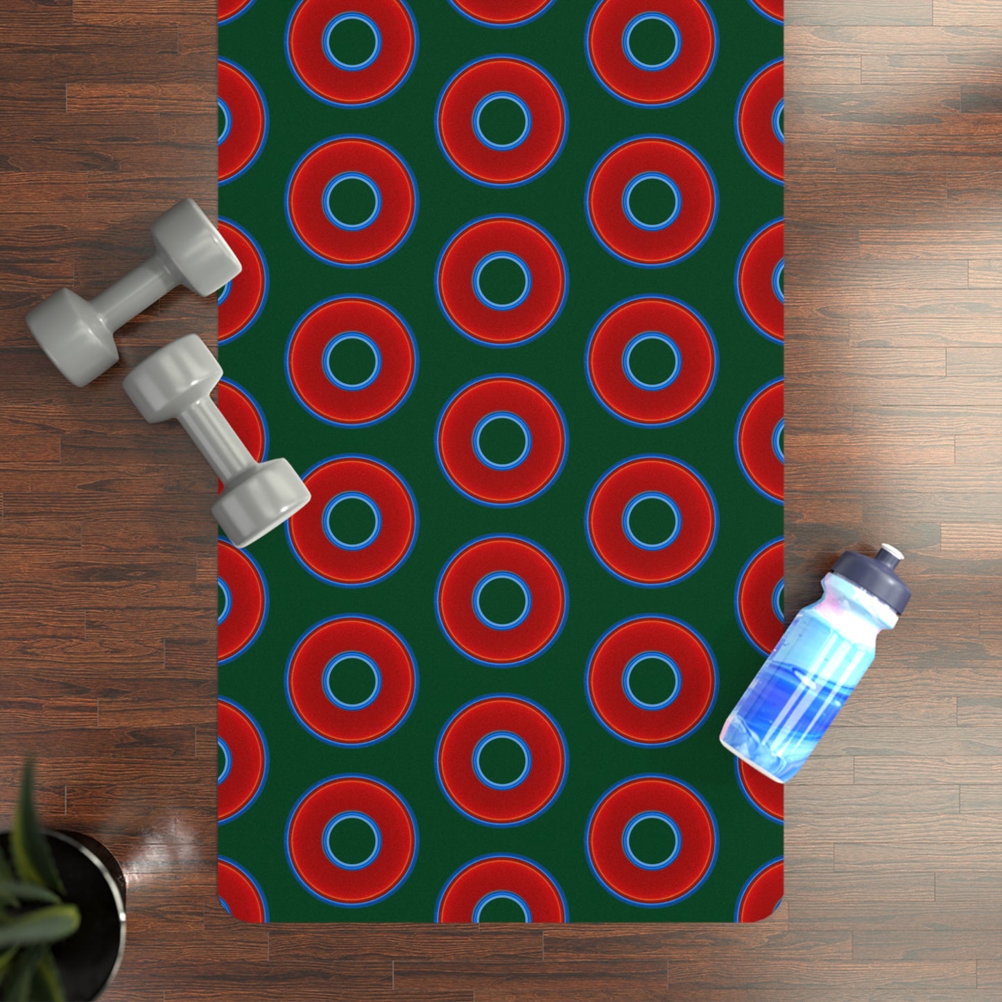 Lumpy Donut Yoga Mat :) - 24″ x 70" - vivid red donut print w/deep pond green background