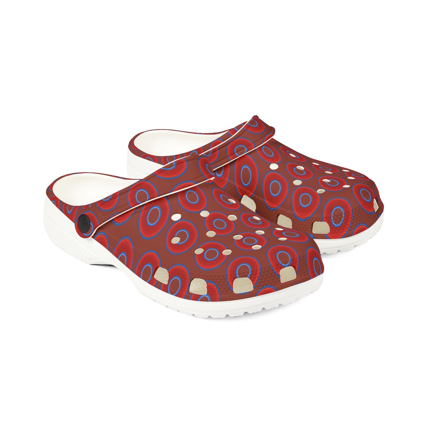Spatchcocks - donut slip-on shoes - vivid red donuts w/burnt umber background [unisex]