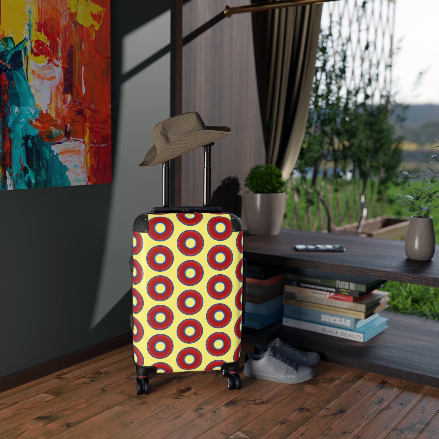 The Very Lumpy Donut Suitcase series - your choice of S, M or L - vivid red donut print w/yellow background