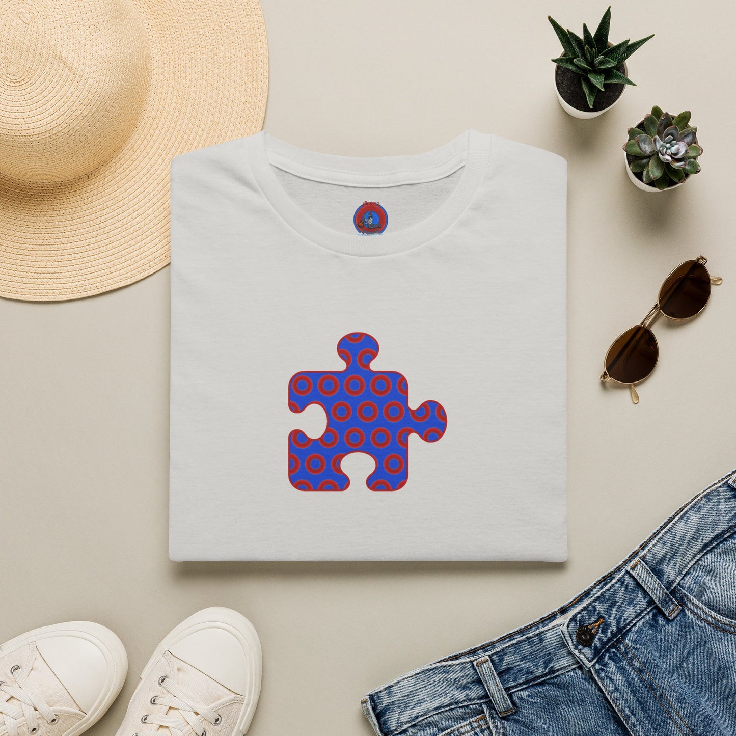 Classic Donut Tee - Unisex Soft-Style - "Trey's Completed Donut Pattern" - vivid red/blue puzzle pattern - variant 2
