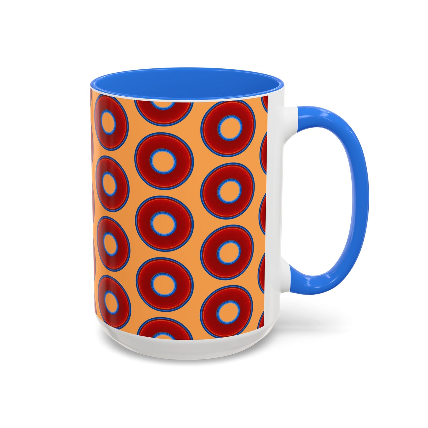 Lump's Grumpy Coffee Mug - vivid red donuts w/creamsicle orange background