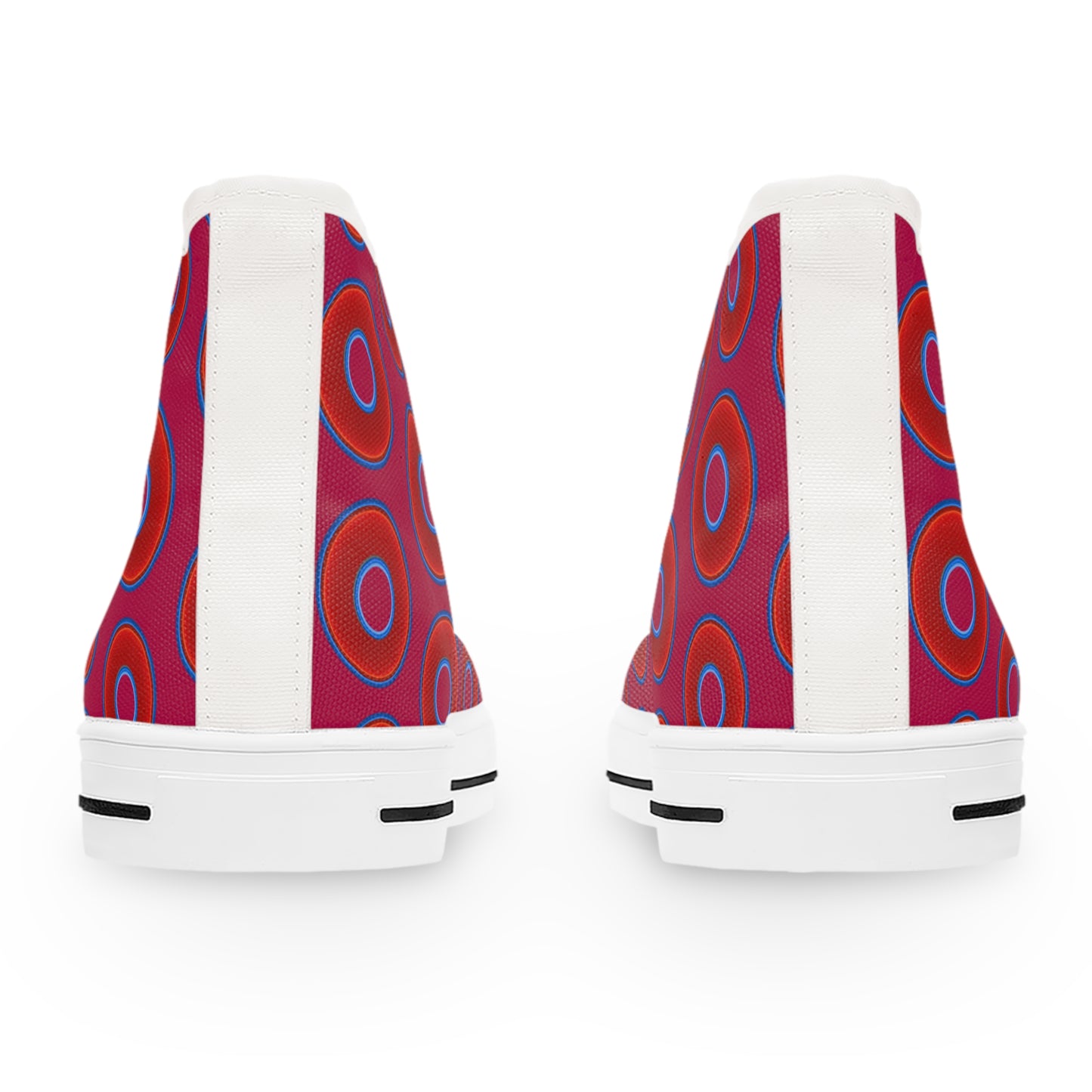 Women's High Top Chuck Taylors - large vivid red donut print w/dark magenta background