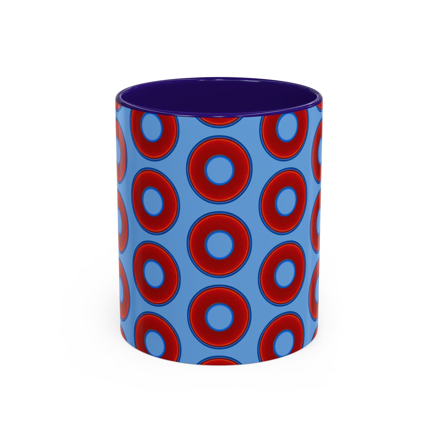 Lump's Grumpy Coffee Mug - vivid red donuts w/light blue background
