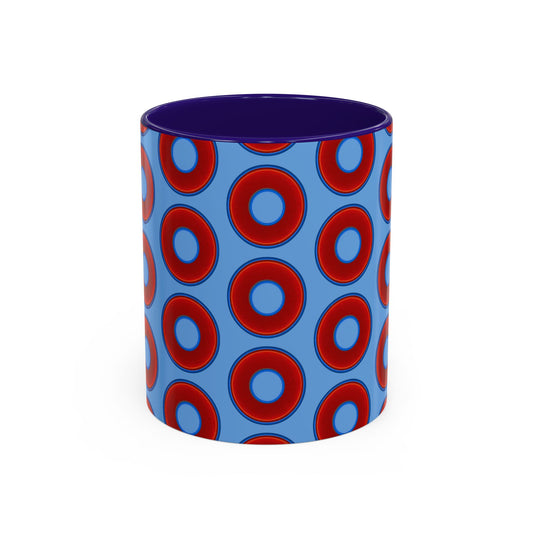 Lump's Grumpy Coffee Mug - vivid red donuts w/light blue background