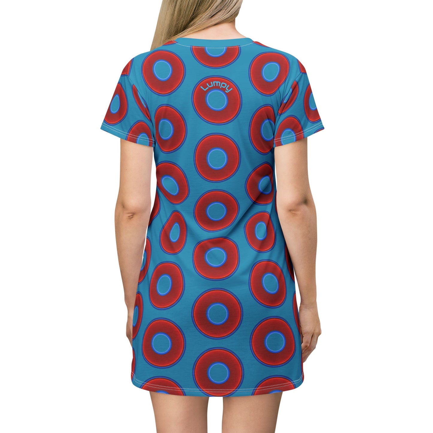 Not a Muumuu AOP Tee Shirt Dress - red vivid donuts w/aquamarine blue background