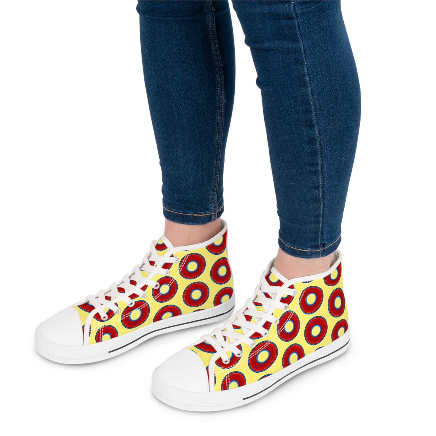 Women's High Top Chuck Taylors - large vivid red donut print w/yellow background