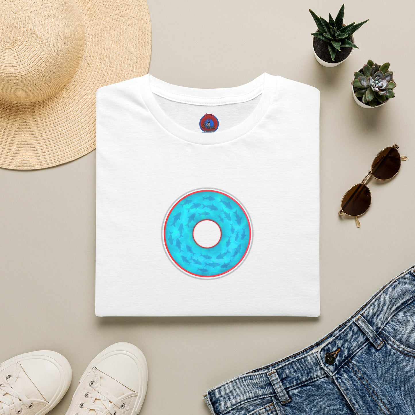 Classic Donut Tee - Unisex Soft-Style - "Skoolie of Phishies" - vivid sea donut - w/light blue water - variant 1