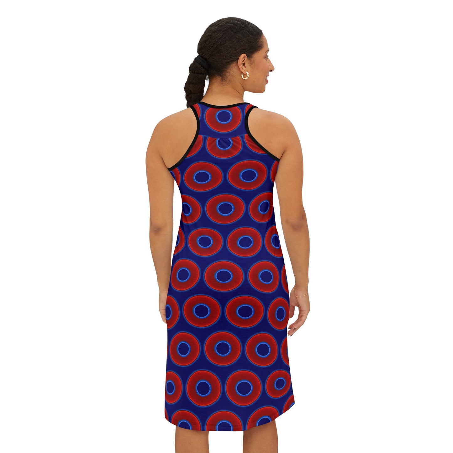 Tela's Lumpy Racerback Donut Dress - red vivid donut print w/vivid navy blue background