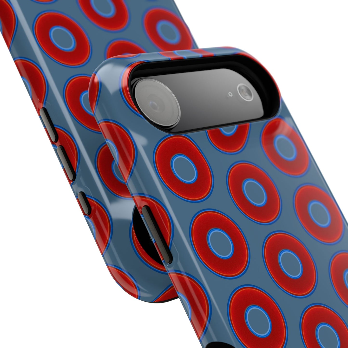 Impact-Resistant Lumpy Donut Case - red vivid donut print w/steel blue background