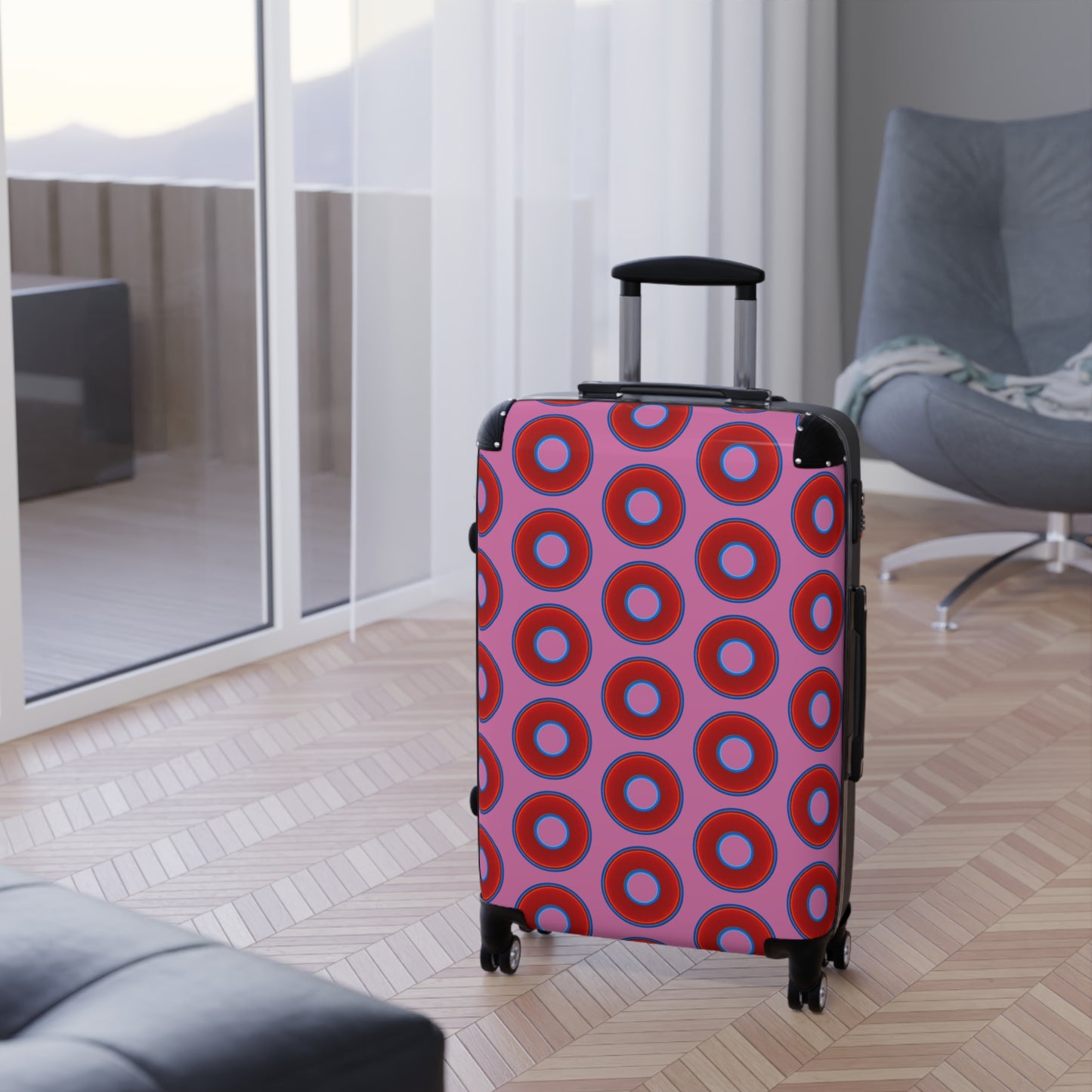 The Very Lumpy Donut Suitcase series - your choice of S, M or L - vivid red donut print w/light pink background