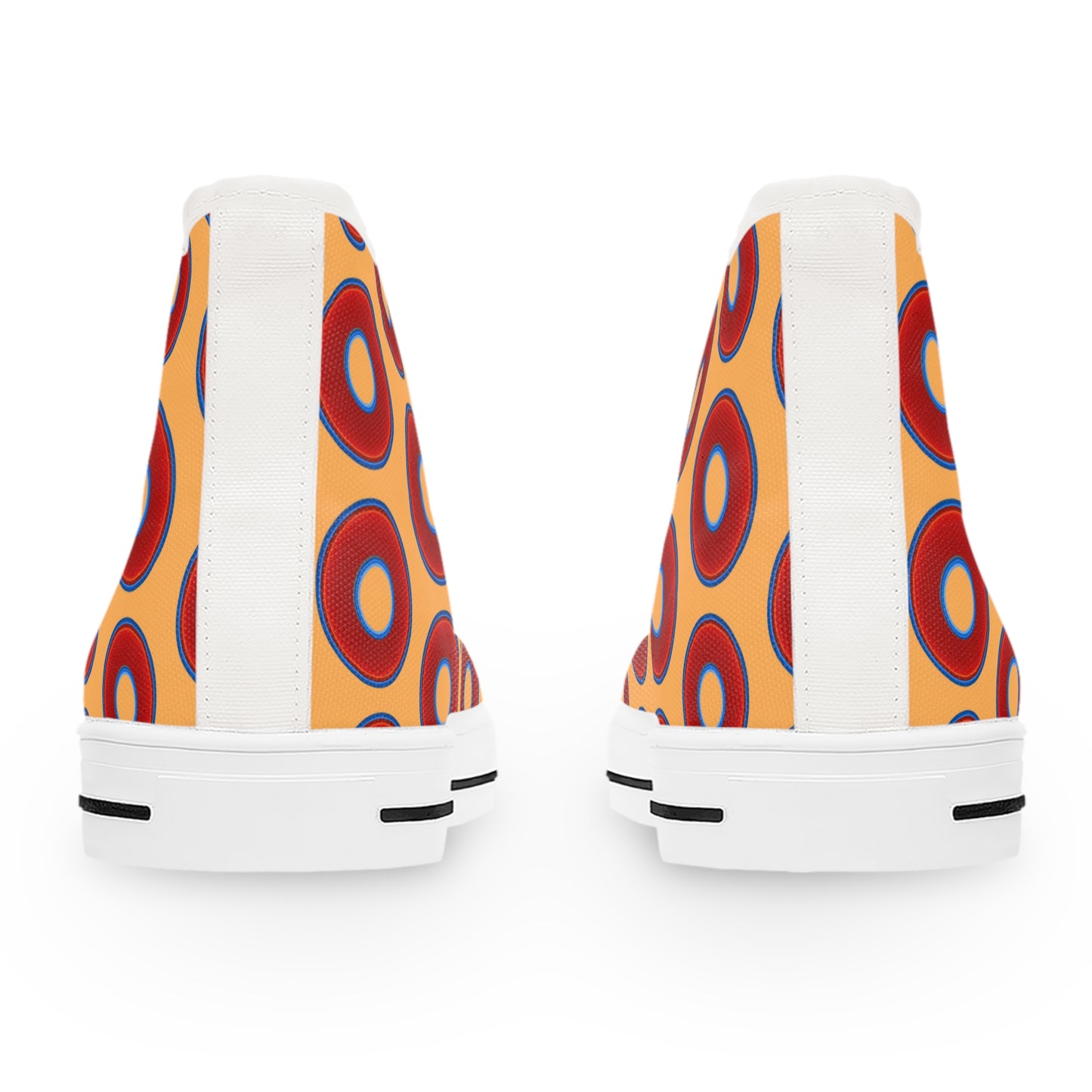 Women's High Top Chuck Taylors - large vivid red donut print w/creamsicle orange background