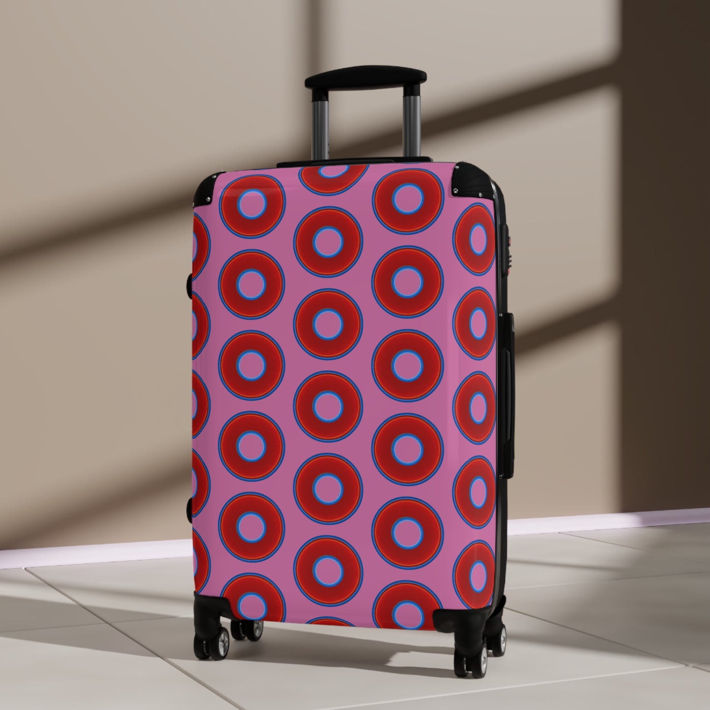 The Very Lumpy Donut Suitcase series - your choice of S, M or L - vivid red donut print w/light pink background