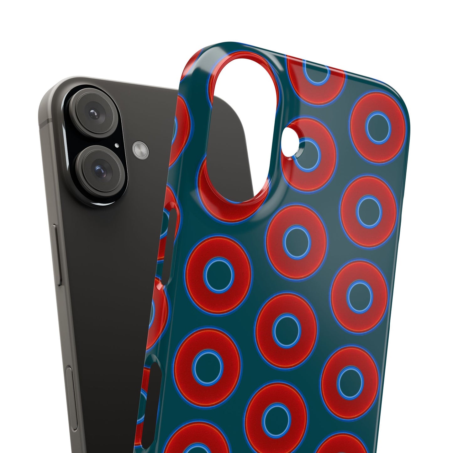 Lumpy Donut Snap Case - red vivid donut print w/midnight teal green background