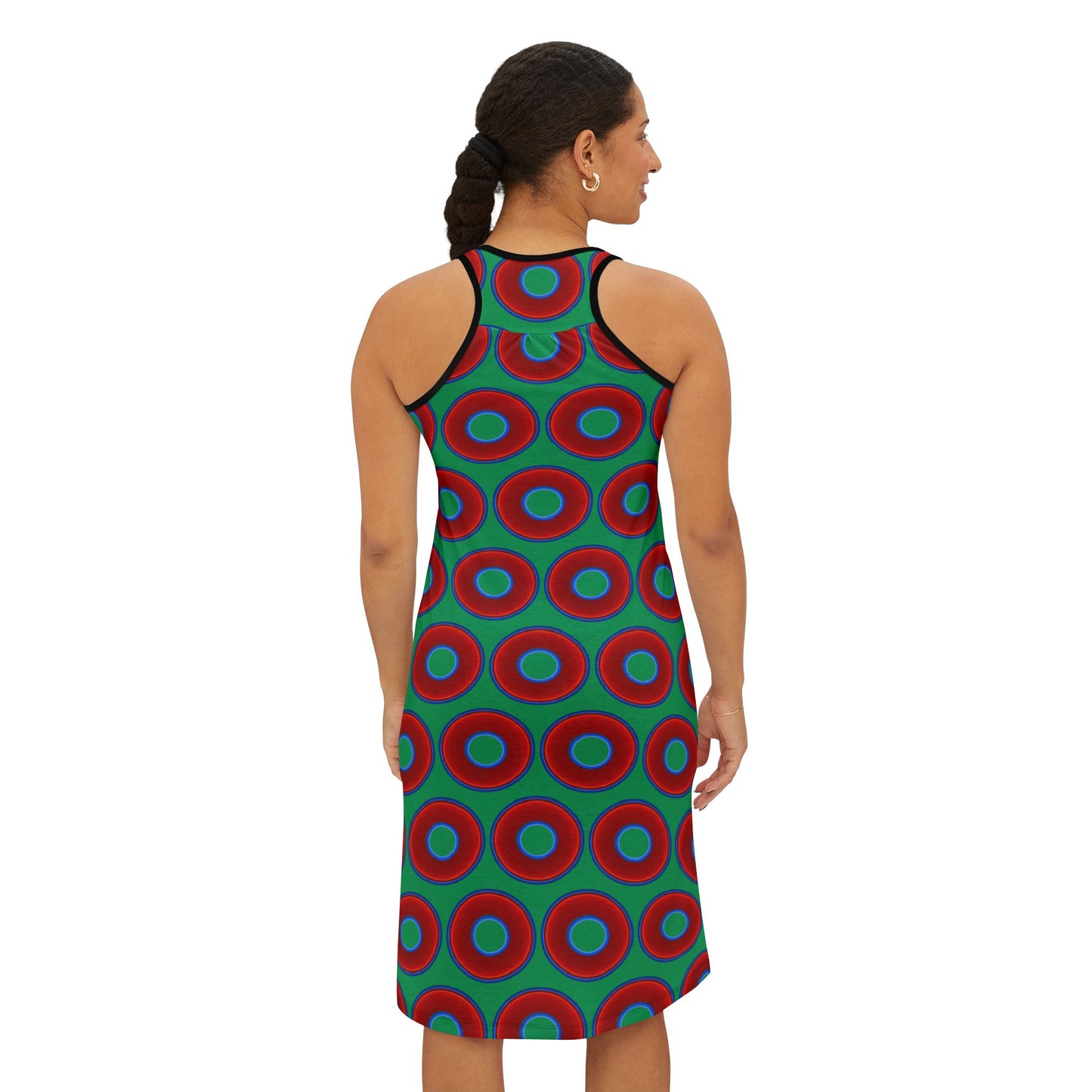 Tela's Lumpy Racerback Donut Dress - red vivid donut print w/jade green background