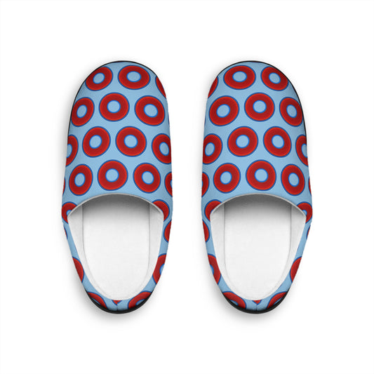 Men's Lumpy Slippers - red vivid donut print w/sky blue background