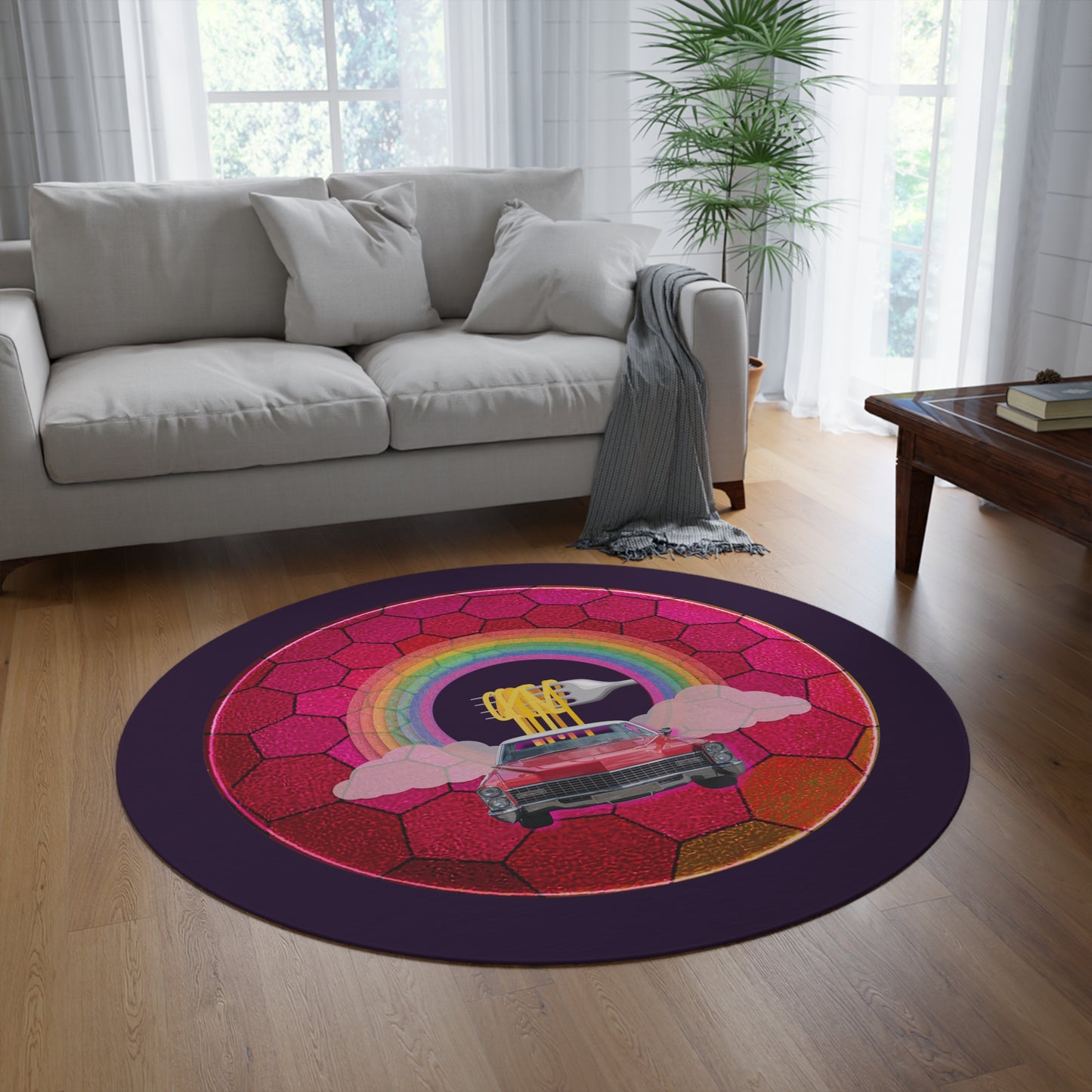 Round Room - 5 ft x 5 ft Lumpy Donut Rug - "Cadillac Rainbow Donut Rug" - magenta hexadonut w/dark navy background - variant 1