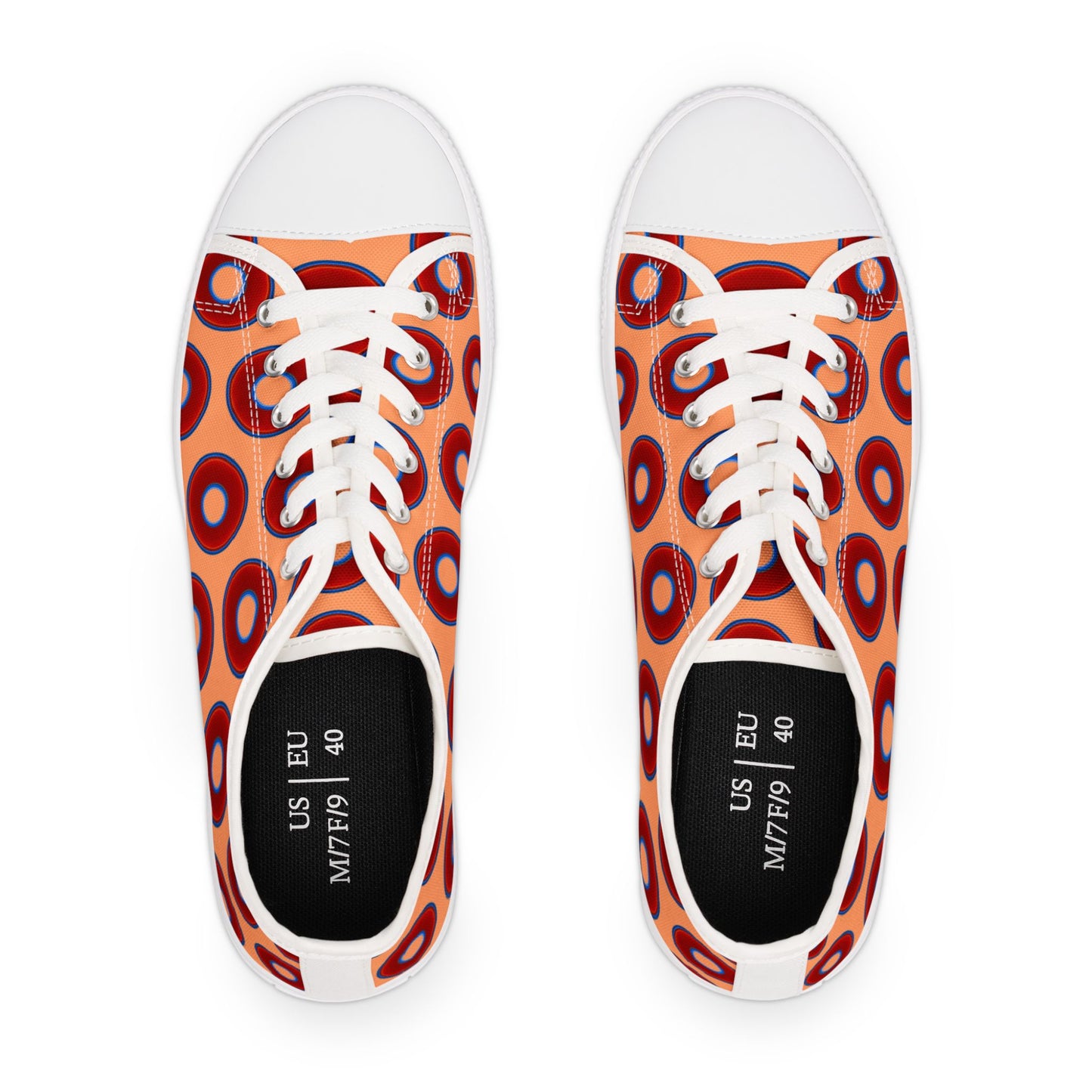 Women's - Low Top Chuck Taylors - large vivid red donut print w/peach background