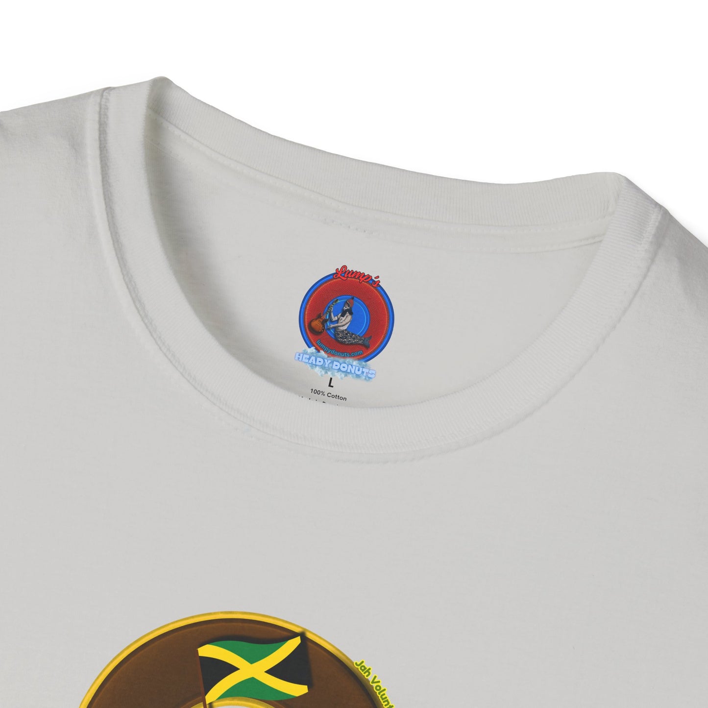 Classic Donut Tee - Unisex Soft-Style - "Jah Volunteers Protect Jah Love... and donuts!" - vivid brown/gold donut