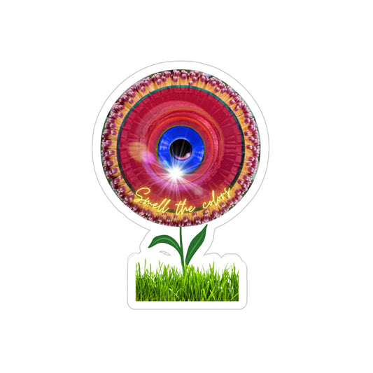 Donut Bumper/Outdoor Sticker - "Smell the Donuts Outside on my Lawn" - series 1.0 - variant 3 - red donut flower [Die-Cut] 6"x 6"