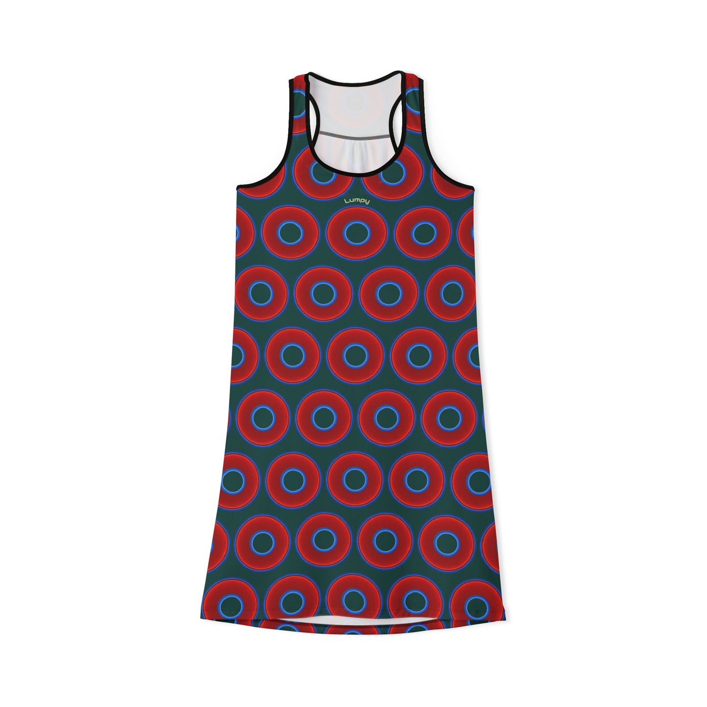 Tela's Lumpy Racerback Donut Dress - red vivid donut print w/dark Fenway green background